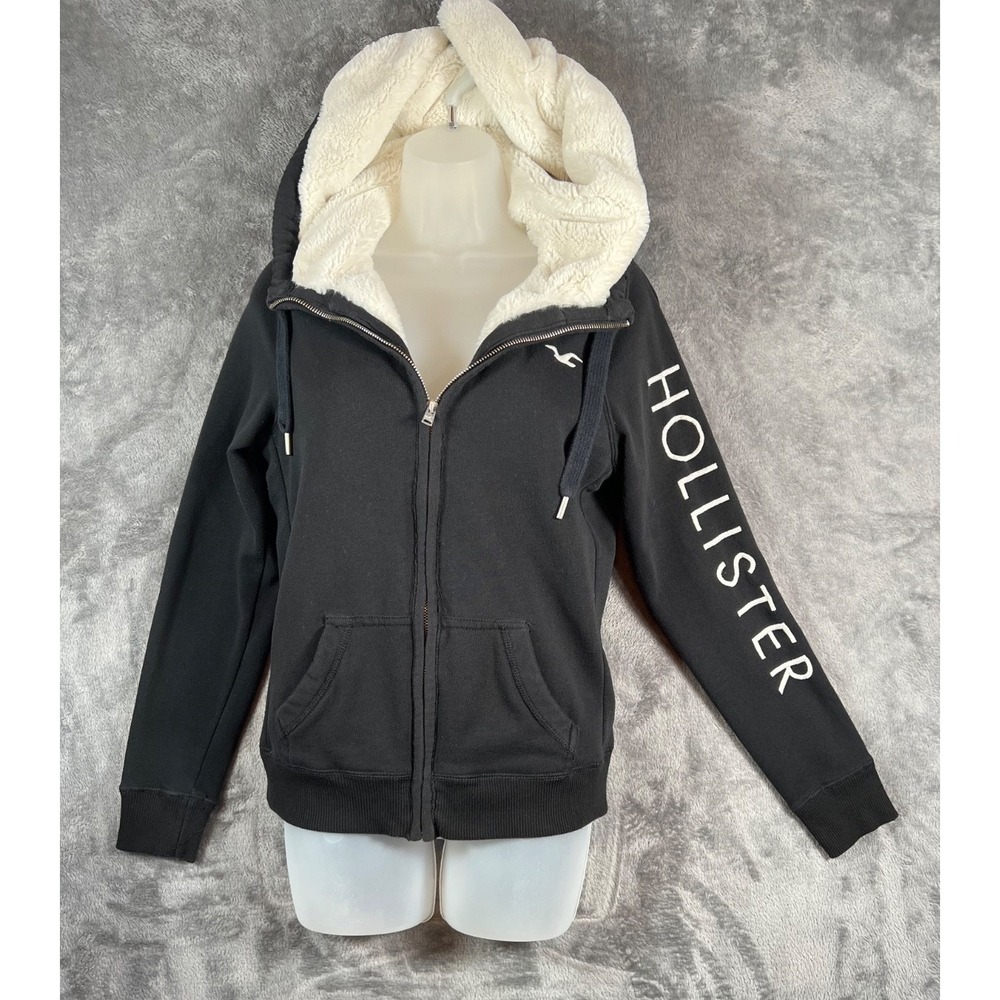 Hollister Hoodie Vintage Womens Medium Black Faux Fur Sherpa Lined Full Zip Y2K